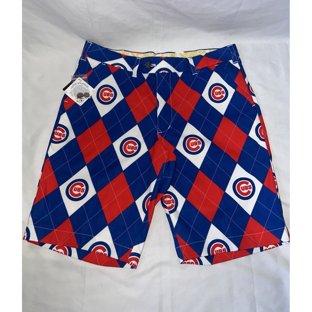 LOUDMOUTH CHICAGO CUBS GOLF SHORTS NWT MLB BASEBALL BLUE RED ARGYLE COTTON 34 - Picture 2 of 6